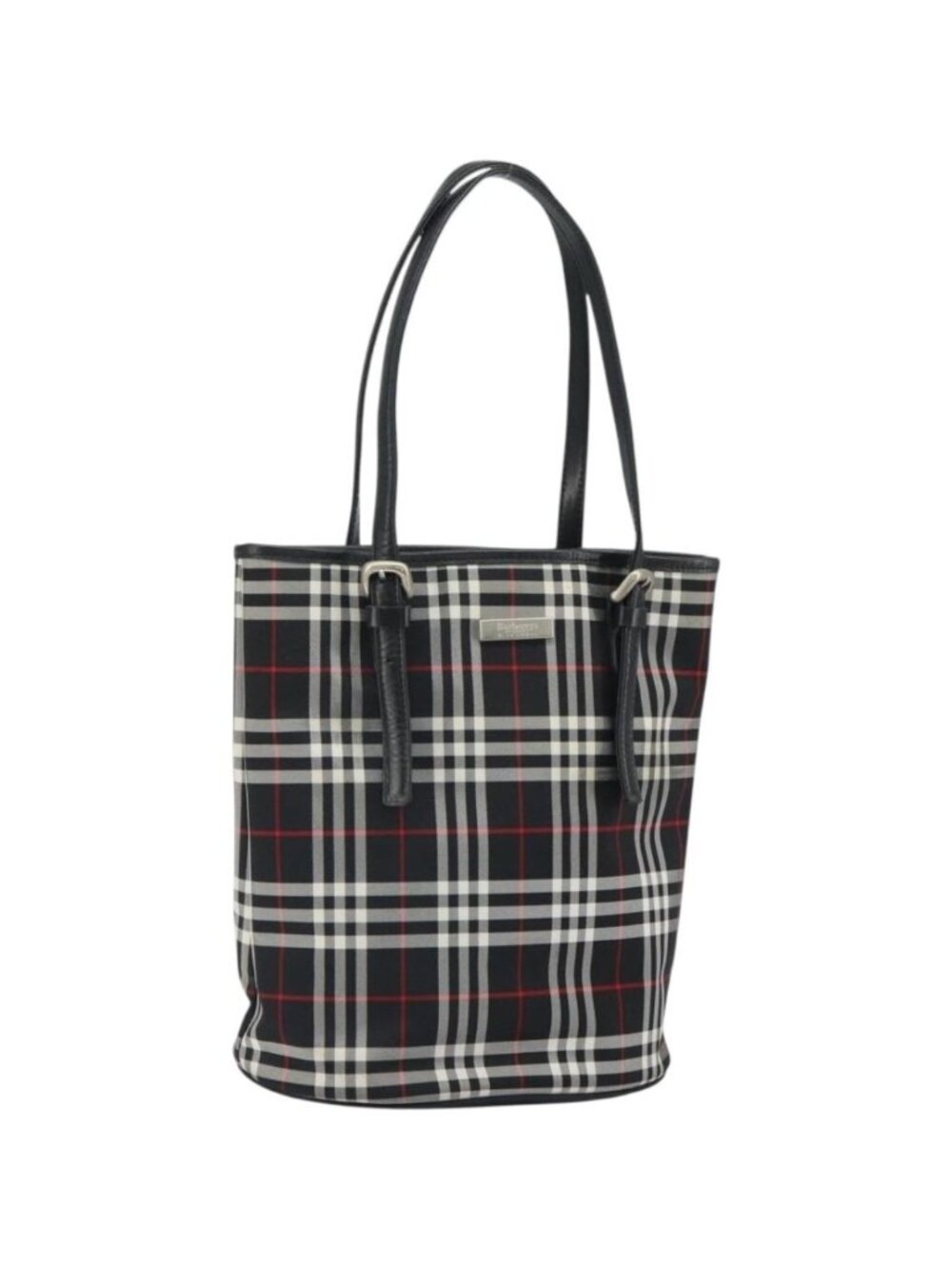 Burberrys Nova Check Blue Label Tote Bag Nylon Black Silver